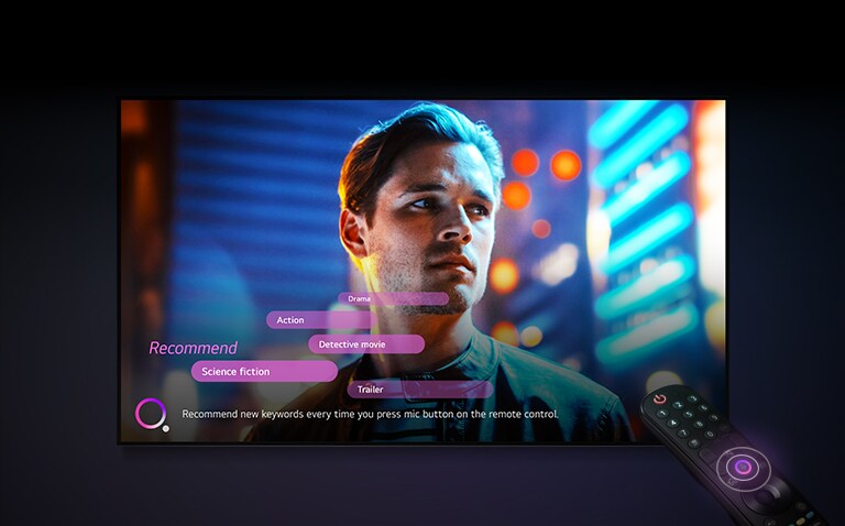 A man's face appears on the TV screen, and recommended keywords are displayed nearby.