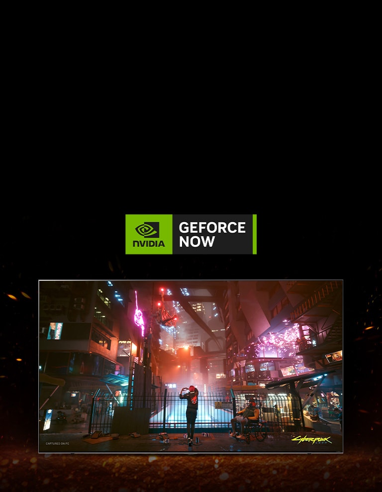 Flames appear around the TV and you can see the Cyberpunk game screen inside. There is a GeForce Now logo at the top of the TV.