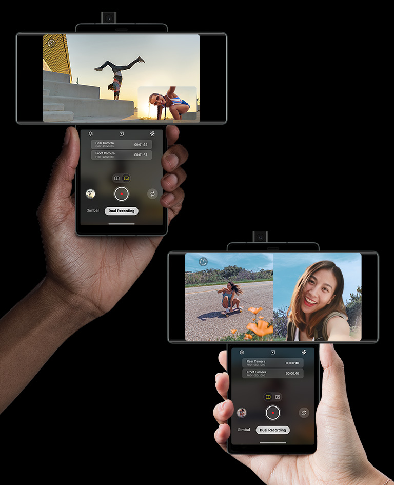 Smartphones que o filmam a si e a alguém a desfrutar de atividades em simultâneo.