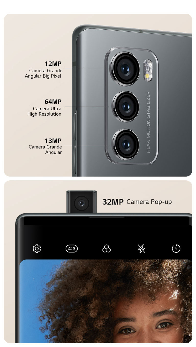 Vista traseira de um smartphone a mostrar três câmaras e a vista frontal com a Câmara Pop-up.