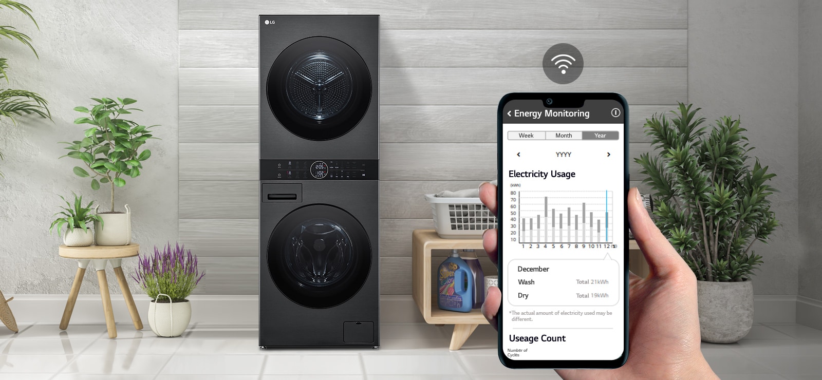 Máquina de lavar numa lavandaria. Imagem de um  ecrã de telefone, com informação de manutenção e utilização de energia, com o simbolo Wi-Fi sobre o ecrã.