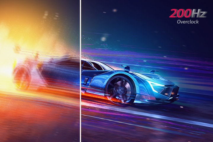 É uma imagem de comparação entre um jogo rápido com uma taxa de atualização baixa e uma imagem nítida com uma taxa de atualização alta de 200Hz (O/C).