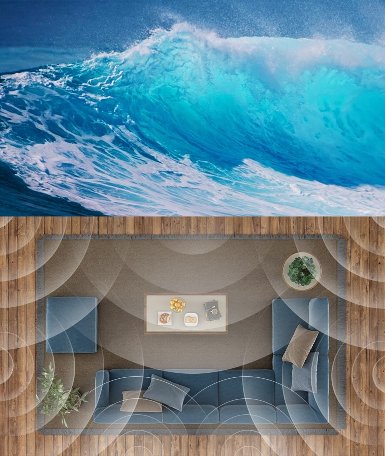 Na parte superior está uma mulher a surfar no mar e na parte inferior está uma sala de estar vista de cima com efeitos visuais de comprimentos de onda.