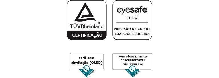 Logótipo TUV Rheinland Eyesafe Display, logótipo Flicker-free Display, logótipo Discomfort GlareFree