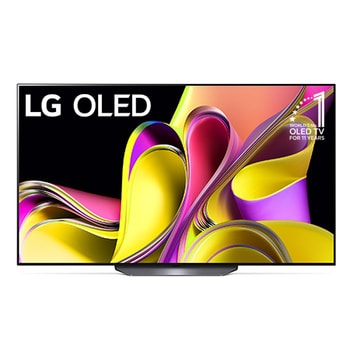 Front view with LG OLED evo, 10 Years World No.1 OLED Emblem, and 5-0Year Panel Warranty logo on screen
