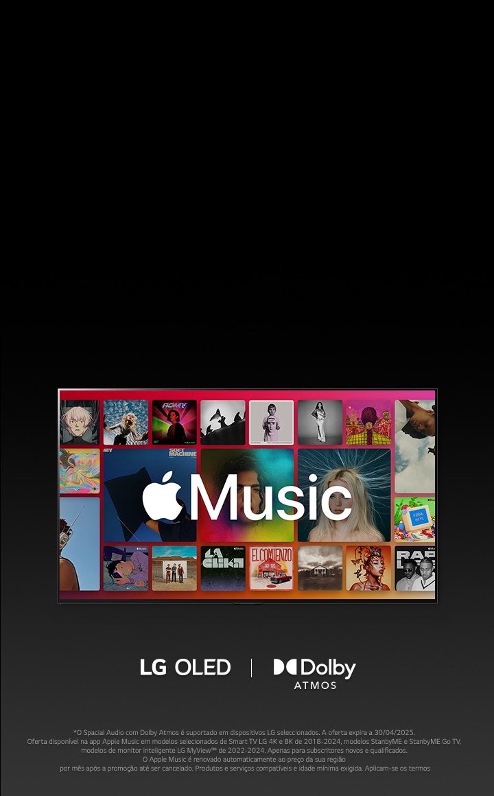 Um layout em grelha de álbums com o logótipo da Apple Music sobreposto, com uma LG OLED e logo Dolby Atmos.