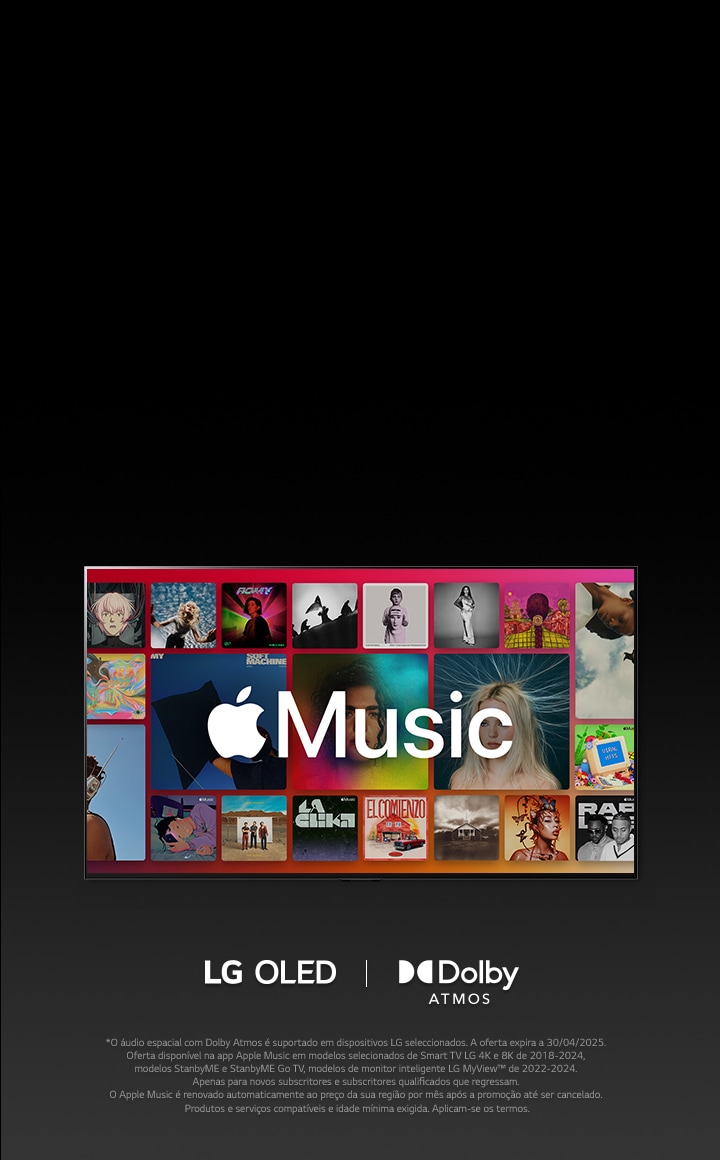 Uma disposição em grelha de álbuns com o logótipo Apple Music sobreposto, com o logótipo LG OLED e Dolby Atmos por baixo.	