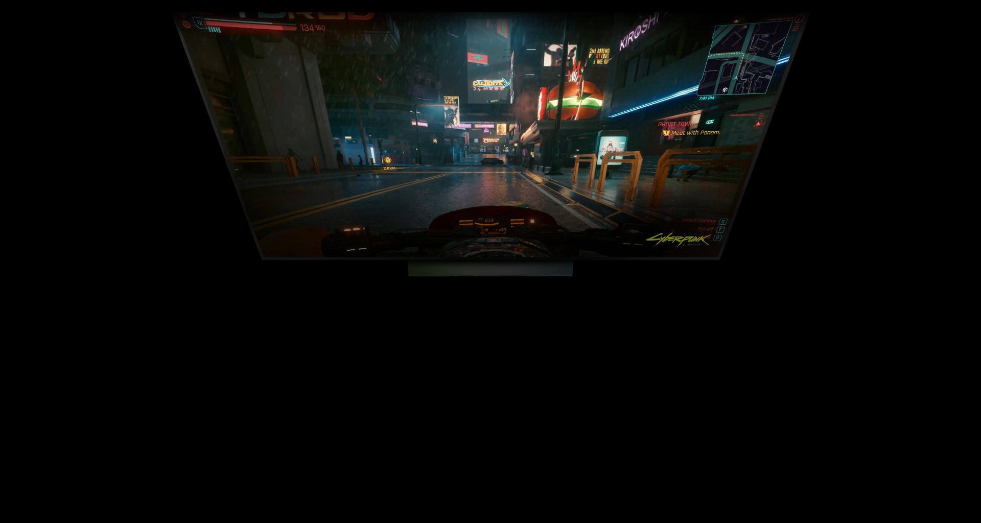 Uma televisão LG OLED mostra a cena de um jogo cyberpunk, e um símbolo de Wi-Fi em neon aparece abaixo