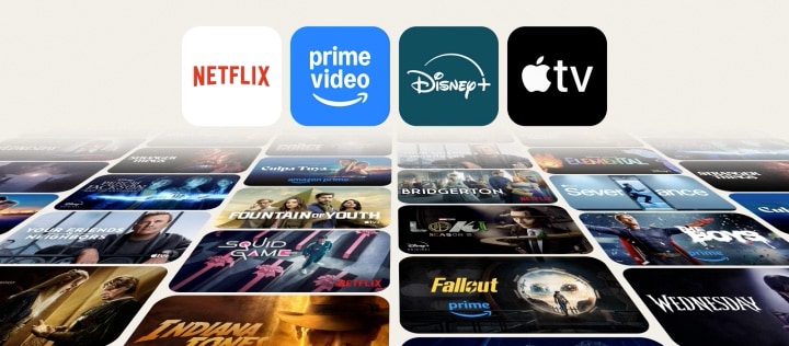 تسلسل متحرك يعرض شعارات Netflix وPrime Video وDisney+ وApple TV+ التي تطفو فوق مجموعة ديناميكية من البرامج التلفزيونية الناجحة، مما يسلط الضوء على وصول تلفزيون LG Smart TV الذكي إلى منصات البث العالمية وتجربة المشاهدة الغامرة.