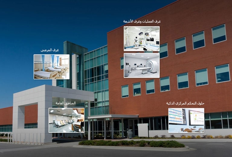 صورة للمستشفى مع صور مصغرة لغرفة المريض والمناطق العامة وغرفة العمليات وغرفة الأشعة ومركز التحكم.