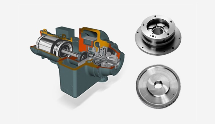 A quarter of the chiller component is exposed, revealing a complex interior filled with intricate metallic parts.