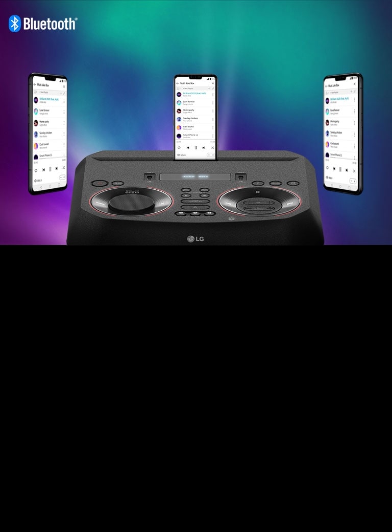 يظهر هاتف ذكي موضوعًا على LG XBOOM مع وجود هاتفين ذكيين آخرين حوله. يوجد شعار Bluetooth في الزاوية العلوية اليسرى.