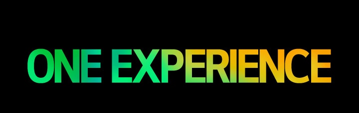 The words 'ONE EXPERIENCE' in a green and yellow gradient pattern.