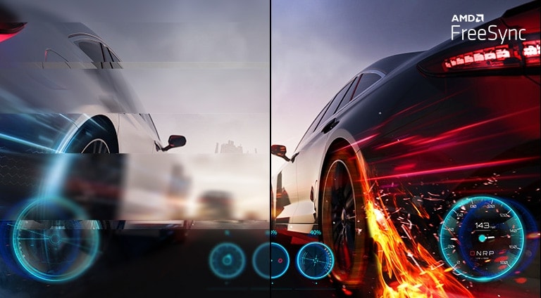 صورة ألعاب واضحة مع حركة سلسة وانسيابية عند تشغيل AMD FreeSync™‎، بينما يحدث توقف وتعطل للشاشة عند إيقاف تشغيل AMD FreeSync™‎.