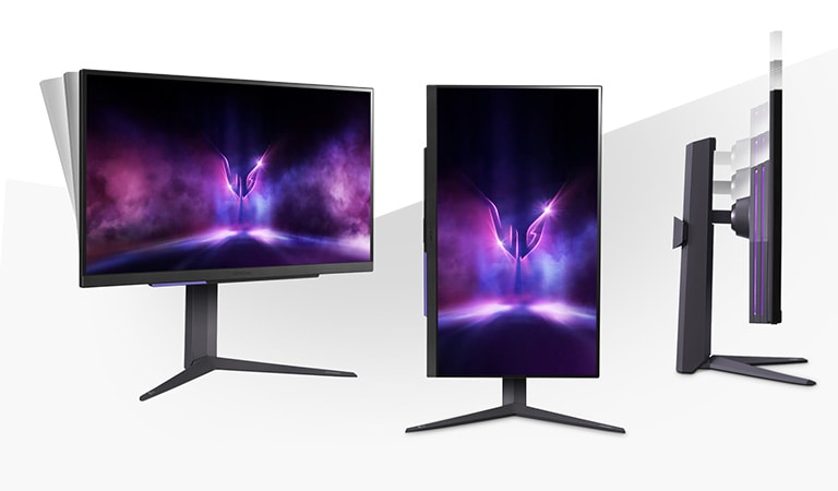 The image shows 3 modes of the 3-side borderless monitor for gamers to play games comfortably, tilting, height adjustment, and pivoting.