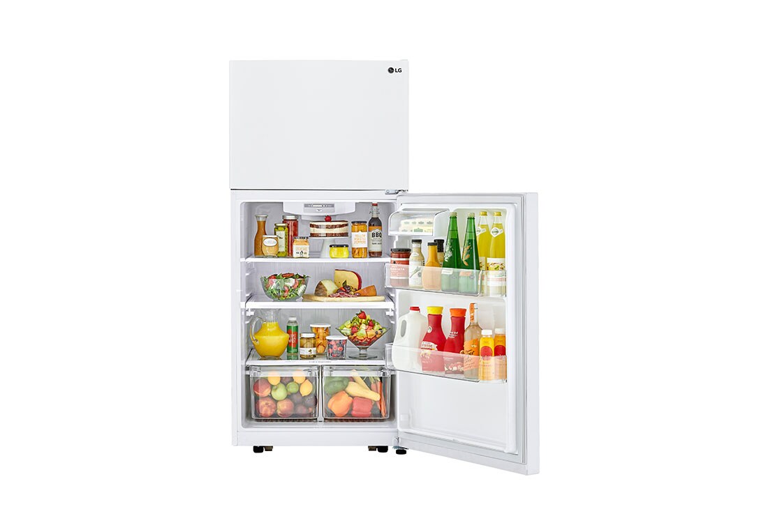 Front view with fridge door open with food