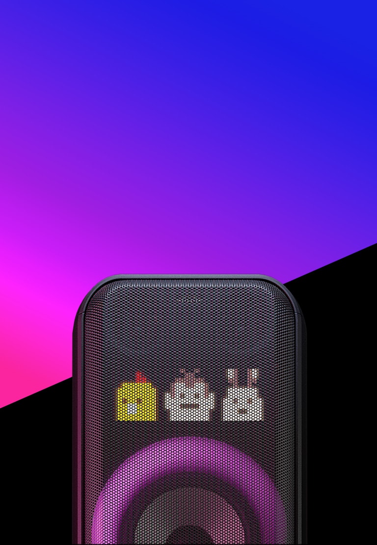 تم وضع النص على منطقة التدرج الأرجواني، وتوجد أسفلها منطقة قطرية باللون الأسود. تم وضع السماعة بينهما، ما يعرض إضاءة ديناميكية البكسل وإضاءة دائرية متعددة الألوان.