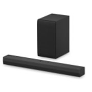 Angled view of LG Soundbar S65TR, subwoofer, and Rear Speakers