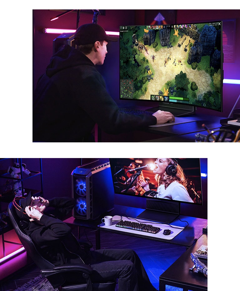 رجل يميل للأمام وهو يركز على اللعبة والشاشة في وضع قائم ورجل يميل بظهره للخلف في أثناء مشاهدة مقطع فيديو موسيقي والشاشة تميل ناحيته.