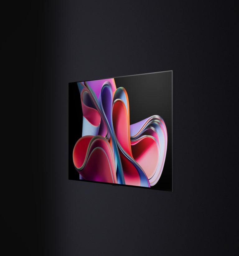 يبدأ الفيديو بعبارة LG OLED evo بخط أبيض على خلفية سوداء. تكبر الكلمات وتصبح ملونة. ثم يتحول المشهد إلى عرض تلفزيون LG OLED G3 تظهر على شاشته صورة تجريدية ملونة. تستدير الشاشة لتظهر بشكل جانبي وتبين الحافة النحيفة، ثم تثبت على جدار لتجسد مفهوم التصميم النحيف المتكامل مع الجدار.