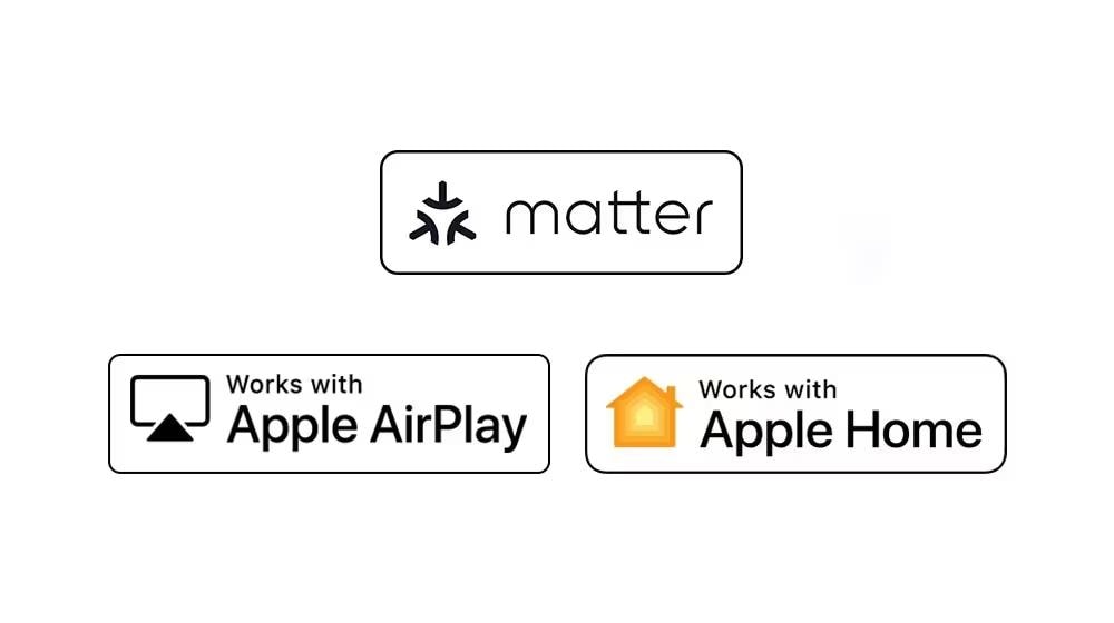 works with Apple AirPlay"" (يعمل بميزة Apple AirPlay"" شعار ""works with Apple Home"" (يعمل بميزة Apple Home"""
