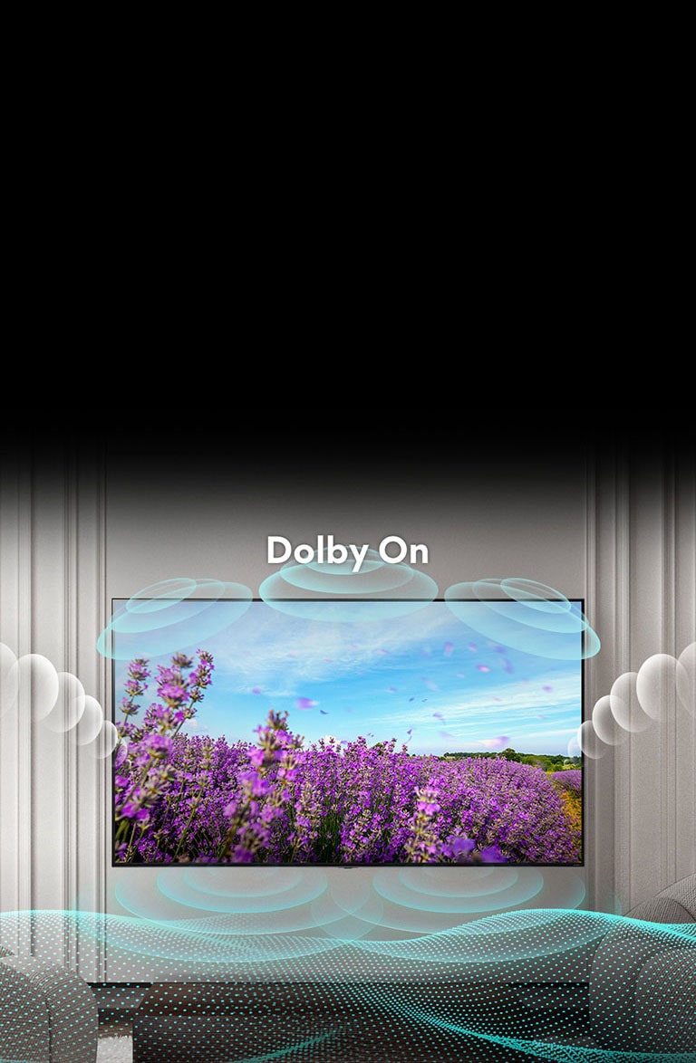 تعرض شاشة تلفزيون QNED زهور نبات اللفت بلونها القرنفلي الرائع بأحد الحقول في فصل الصيف وتظهر عبارة في الوسط "Dolby Off" (إيقاف Dolby). تصبح الصورة المعروضة على الشاشة أكثر إشراقًا، وتتغير العبارة المعروضة إلى "Dolby On" (تشغيل Dolby).