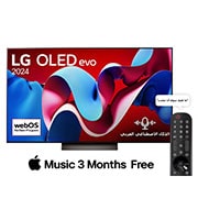 صورة أمامية لتلفزيون LG OLED TV وOLED C4 وشعار OLED Emblem رقم 1 على مستوى العالم لمدة 11 عامًا وشعار نظام التشغيل webOS Re:New Program على الشاشة