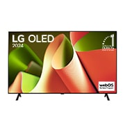 LG تلفزيون LG OLED B4 4K الذكي مقاس 77 بوصة المدعوم بجهاز التحكم AI Magic remote وتكنولوجيا الصوت Dolby Vision وواجهة webOS24 طراز عام 2024, صورة أمامية لتلفزيون LG OLED TV وOLED B4 وتلفزيون OLED Emblem رقم 1 على مستوى العالم لمدة 11 عامًا وشعار نظام التشغيل webOS Re:New Program على الشاشة المُثبّتة على حامل ثنائي القاعدة, OLED77B46LA