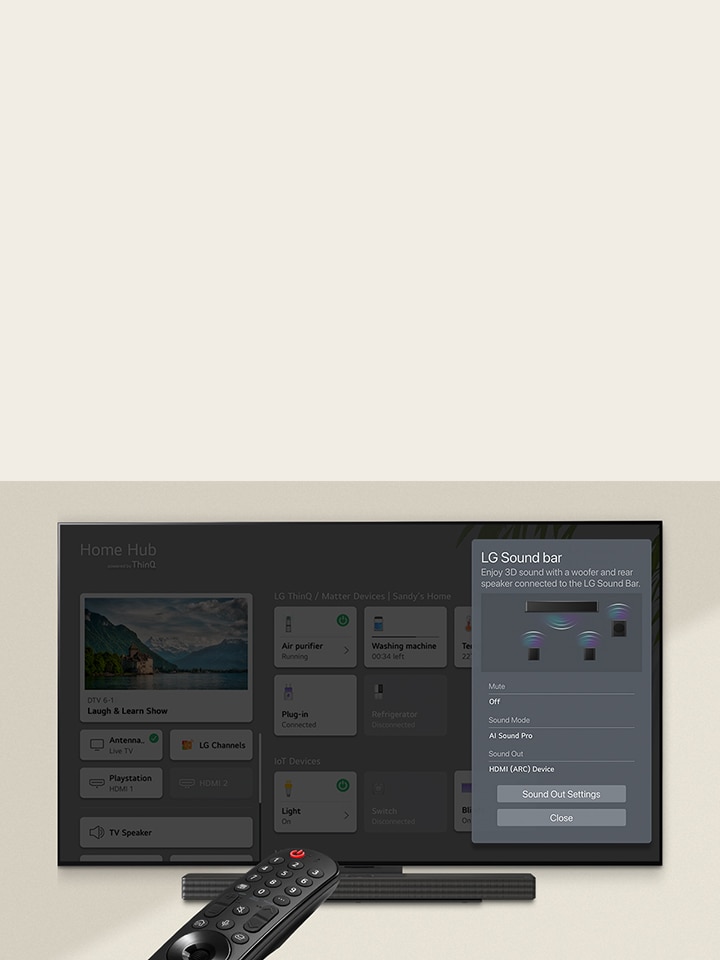 يشير جهاز التحكم عن بعد إلى تلفزيون LG OLED TV ويعرض الإعدادات على الجانب الأيمن من الشاشة.