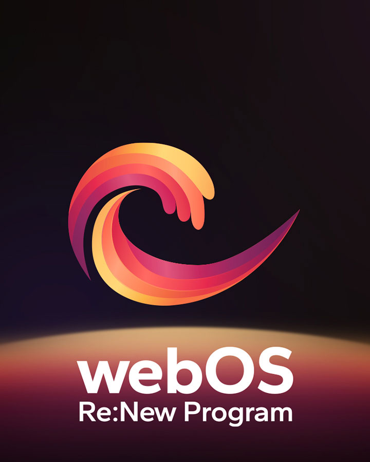 شعار webOS Re:New Program موجود على خلفية سوداء مع كرة دائرية باللونين الأصفر والبرتقالي والأرجواني في الأسفل. 