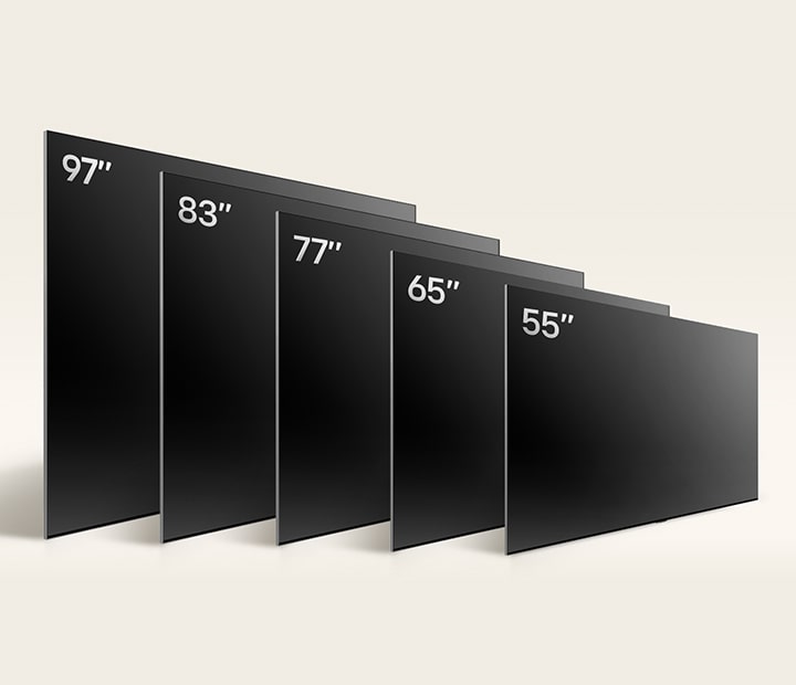 مقارنة تلفزيونات LG OLED TV بأحجام مختلفة من OLED G4، حيث تظهر تلفزيون OLED G4 مقاس 55 بوصة، وتلفزيون OLED G4 مقاس 65 بوصة، وتلفزيون OLED G4 مقاس 77 بوصة، وتلفزيون OLED G4 مقاس 83 بوصة، وتلفزيون OLED G4 مقاس 97 بوصة.