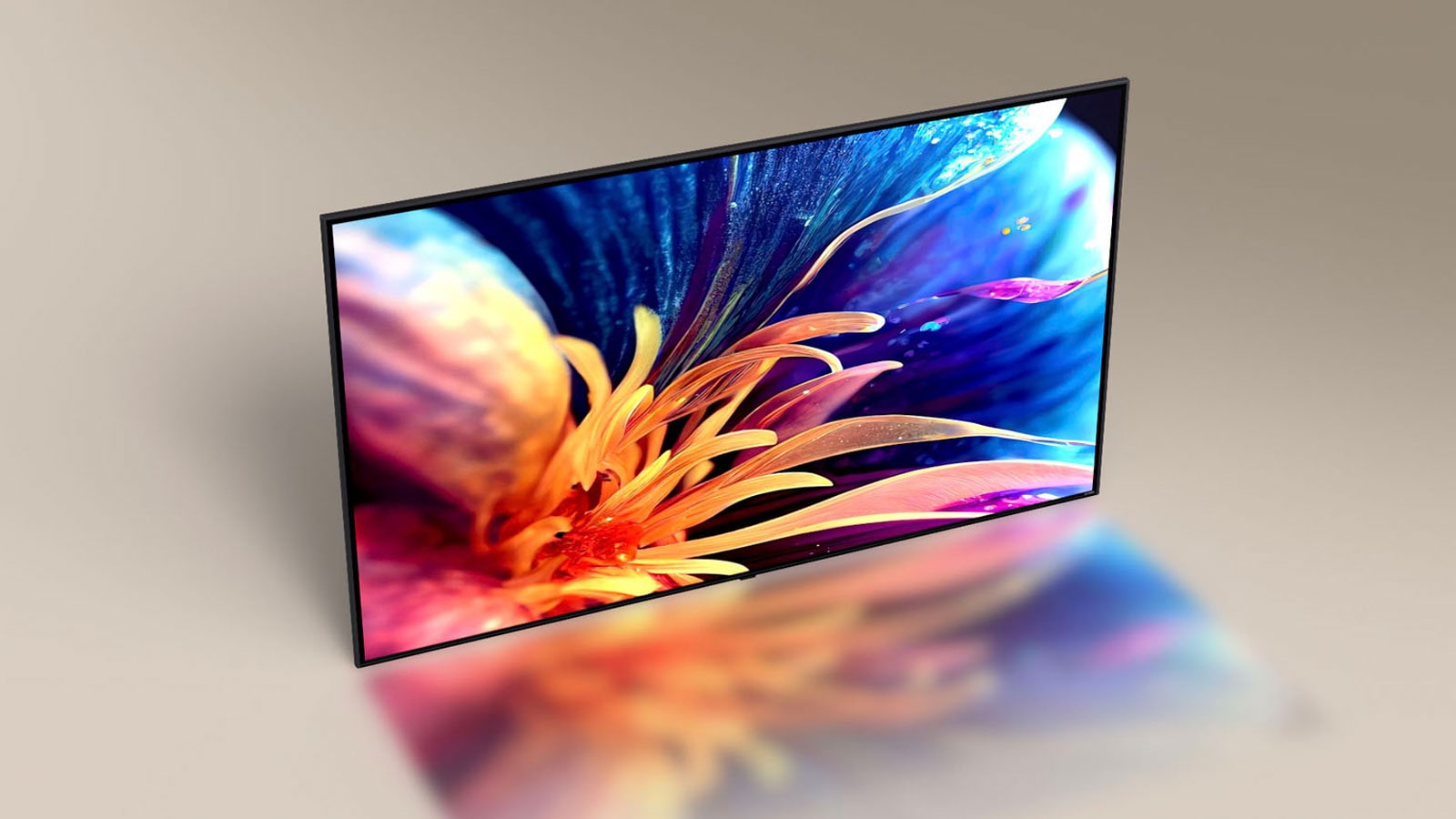 يظهر تلفزيون LG TV فائق النحافة من زاوية علوية. تنزلق زاوية الكاميرا لتظهر الواجهة الأمامية للتلفزيون، وتعرض صورة زهرة ملونة مكبرة.