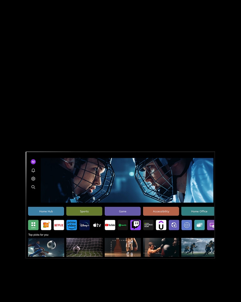 تعرض شاشة تلفزيون LG TV شاشة عرض "My Profile". في الثلث العلوي، لافتة لعجائب الدنيا الملموسة. أسفل الشعار، يتم عرض الأزرار التالية: Home Hub (المركز الرئيسي)،‏ Sports (الرياضة)،‏ Game (الألعاب)،‏ Accessibility (إمكانية الوصول)،‏ Home Office (المكتب المنزلي). أسفل الأزرار، يتم عرض الشعارات التالية: LG Channels وNetflix وPrime Video وDisney+ وApple TV وYouTube وSpotify وTwitch وGeForce Now وUdemy. أسفل الشعارات، يتم عرض 5 صور مصغرة لأفلام تحت عبارة "أفضل الاختيارات لك". ينقر المؤشر على الحرف "S" في الزاوية العلوية اليسرى. تُفتح قائمة منسدلة لحساب LG ويتم عرض خمسة أسماء. ينقر المؤشر على الاسم الثاني حيث تتغير الصور المصغرة والمحتويات الموصى بها على الشاشة.