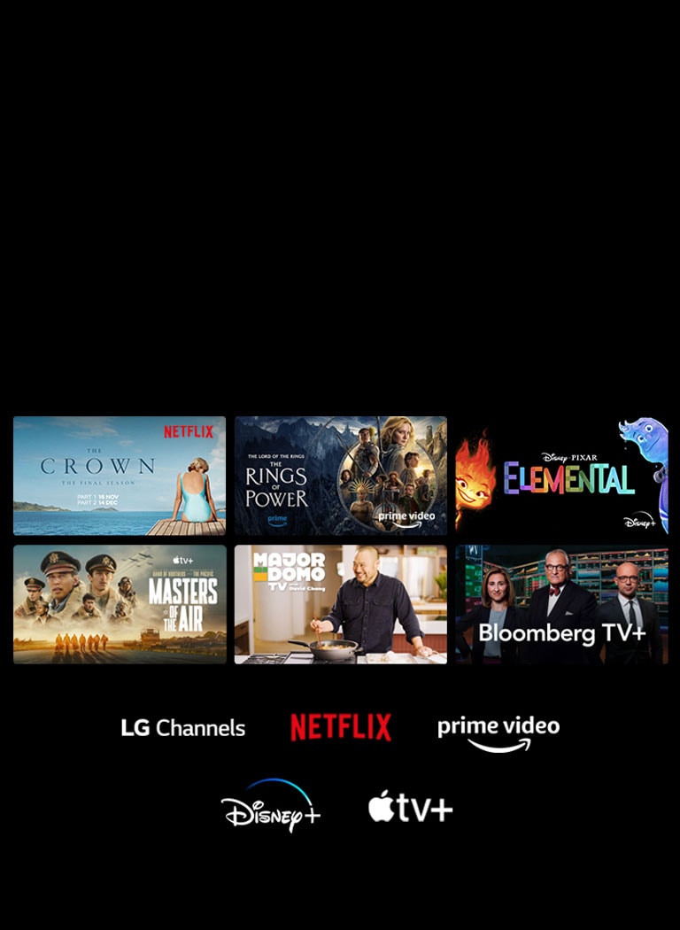 يتم عرض ست صور مصغرة للأفلام والبرامج التلفزيونية وشعارات قنوات LG Channels وNetflix وPrime Video وDisney+ وApple TV+ في الأسفل.