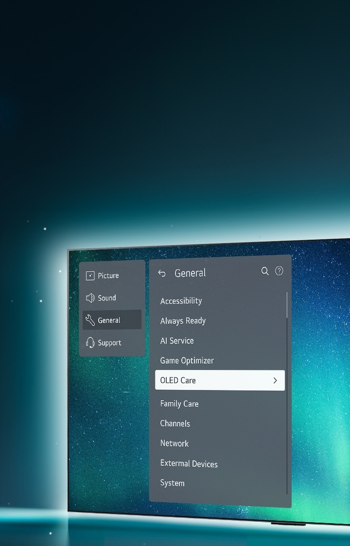 يقع تلفزيون OLED على الجانب الأيمن من الصورة. تظهر قائمة الدعم (Support) على الشاشة، ويتم تحديد قائمة OLED Care.