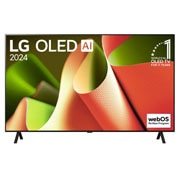 صورة أمامية لتلفزيون LG OLED TV وOLED AI B4 وشعار OLED رقم 1 في العالم لمدة 11 عامًا وشعار نظام التشغيل webOS Re:New Program على الشاشة المُثبّتة على حامل ثنائي القاعدة