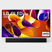 صورة أمامية لتلفزيون LG OLED evo TV وOLED G4 وتلفزيون OLED Emblem رقم 1 على مستوى العالم لمدة 11 عامًا وشعار الضمان الذي لمدة 5 سنوات على الشاشة، بالإضافة إلى مكبر الصوت Soundbar بالأسفل