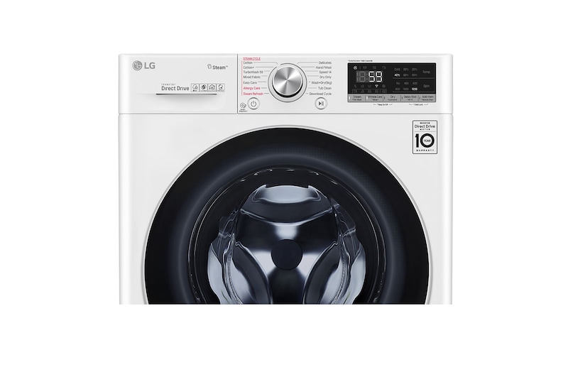 LG غسالة سعة 8 كجم مع مجفف سعة 5 كجم، غسالة ذات تحميل أمامي مزودة بميزة AI DD ™ (عناية ذكية مع حماية أكبر بنسبة 18٪ للأقمشة) ، غسالة ومجفف في جهاز واحد ، بخار ، سعة أكبر في نفس الحجم ، SmartThinQ ™ (Wi-Fi) ، باب زجاجي الفولاذ المقاوم للصدأ رافع., WSV0805WH