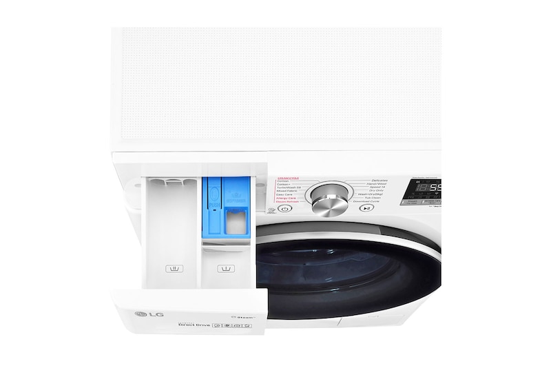LG غسالة سعة 8 كجم مع مجفف سعة 5 كجم، غسالة ذات تحميل أمامي مزودة بميزة AI DD ™ (عناية ذكية مع حماية أكبر بنسبة 18٪ للأقمشة) ، غسالة ومجفف في جهاز واحد ، بخار ، سعة أكبر في نفس الحجم ، SmartThinQ ™ (Wi-Fi) ، باب زجاجي الفولاذ المقاوم للصدأ رافع., WSV0805WH