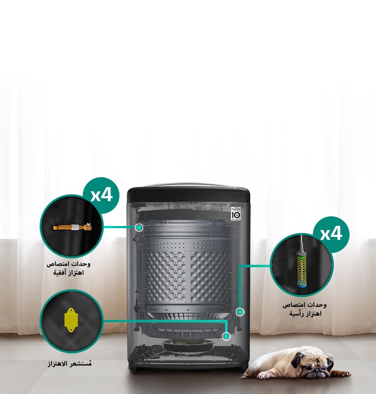 تعرض الملحقات التي تحافظ على هدوء الغسالة. جرو ينام بجانب الغسالة.