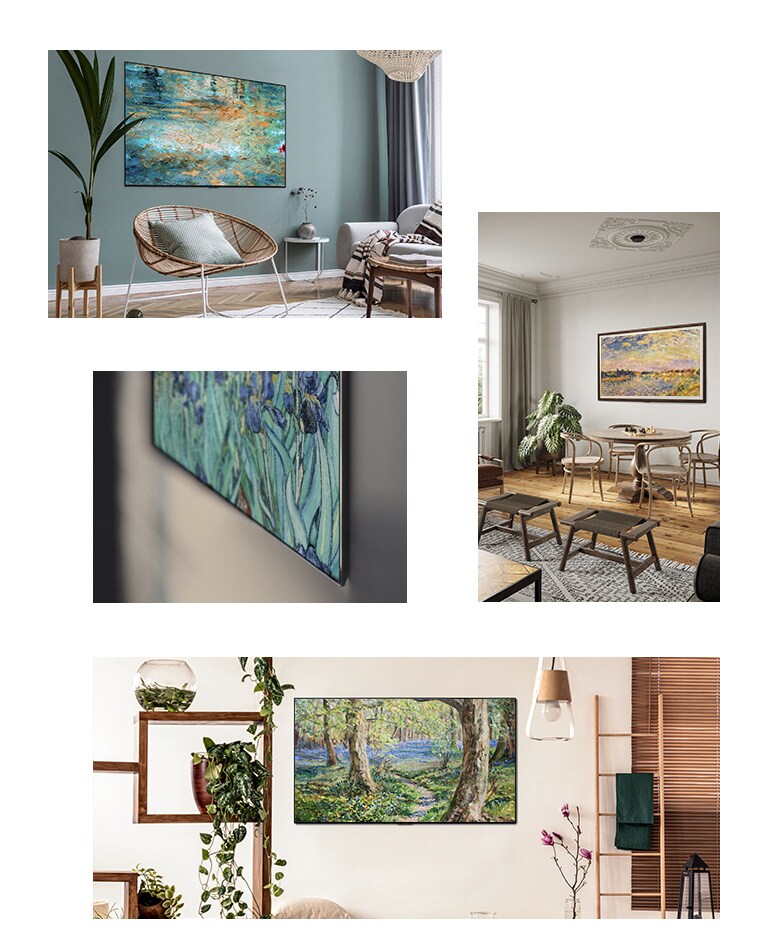 تلفزيون يعرض لوحة معلقة على الجدار في غرفة المعيشة مع ظهور كرسي وأريكة وأصيص للزهور. صورة مقربة لحافة جهاز تلفزيون ذي تصميم نحيف يعرض إحدى اللوحات. تلفزيون يعرض لوحة معلقة على الجدار في غرفة المعيشة مع ظهور طاولة وكراسي وأصيص للزهور. تلفزيون يعرض لوحة معلقة على الجدار في غرفة المعيشة مع ظهور أصيص للزهور وسلّم.