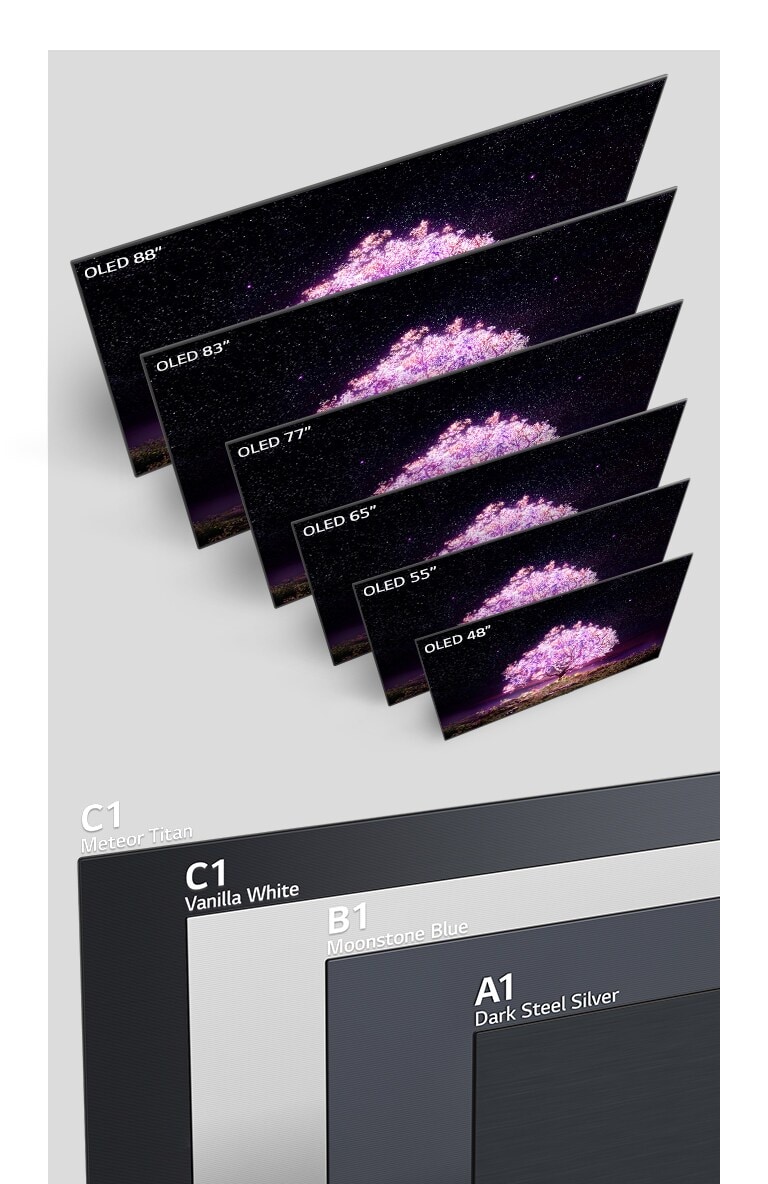 أحجام مختلفة من التلفزيون تعرض شجرة لامعة باللون الوردي على التوالي. منظر خلفي لجهاز تلفزيون بلون النيزك تيتان مع ظهور C1 أعلى اليسار. منظر خلفي لجهاز تلفزيون أبيض بلون الفانيليا مع ظهور C1 أعلى اليسار. منظر خلفي لجهاز تلفزيون أزرق بلون سليكات الألمنيوم مع ظهور B1 أعلى اليسار. منظر خلفي لجهاز تلفزيون باللون الفضي الفولاذي الداكن مع ظهور A1 أعلى اليسار