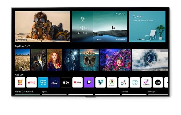 شاشة تلفزيون تعرض بيانات الطقس وأفضل الاختيارات والتطبيقات ولوحة التحكم الرئيسية من أجل راحة المستخدمين.