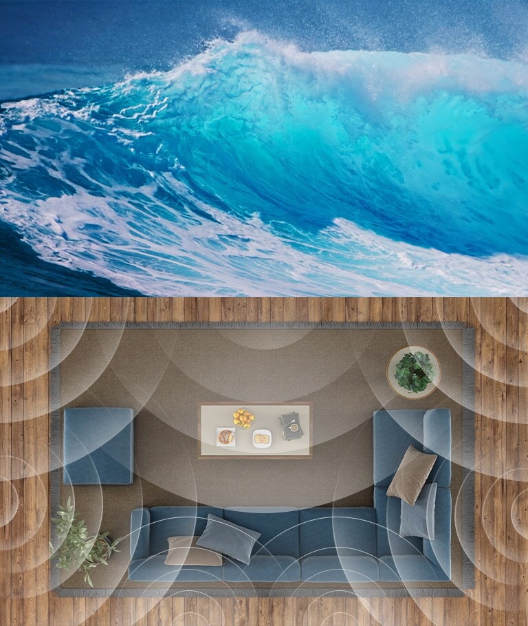 في الأعلى توجد أمواج قوية في البحر، وفي الأسفل يوجد منظر علوي لغرفة المعيشة مع تأثير بصري للأطوال الموجية. 