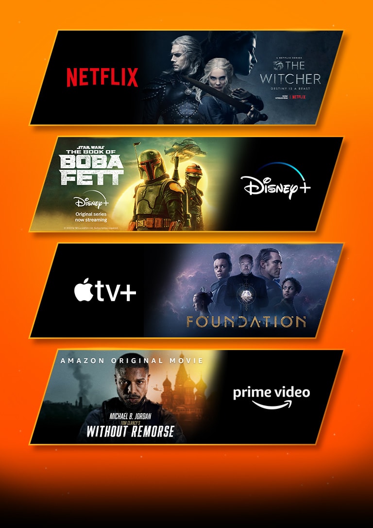 هناك ثلاث مجموعات صور - كل منها يحتوي على شعار منصة بث وصورة لقطات. شعار Netflix مع  the Witcher، وشعار Apple TV plus مع Foundation، وشعار prime video مع Without Remorse.