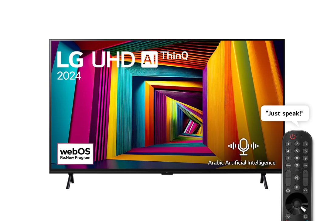 Front view of LG UHD TV, 98UT90 with text of LG UHD AI, 2024, and webOS Re:New Program logo on screen