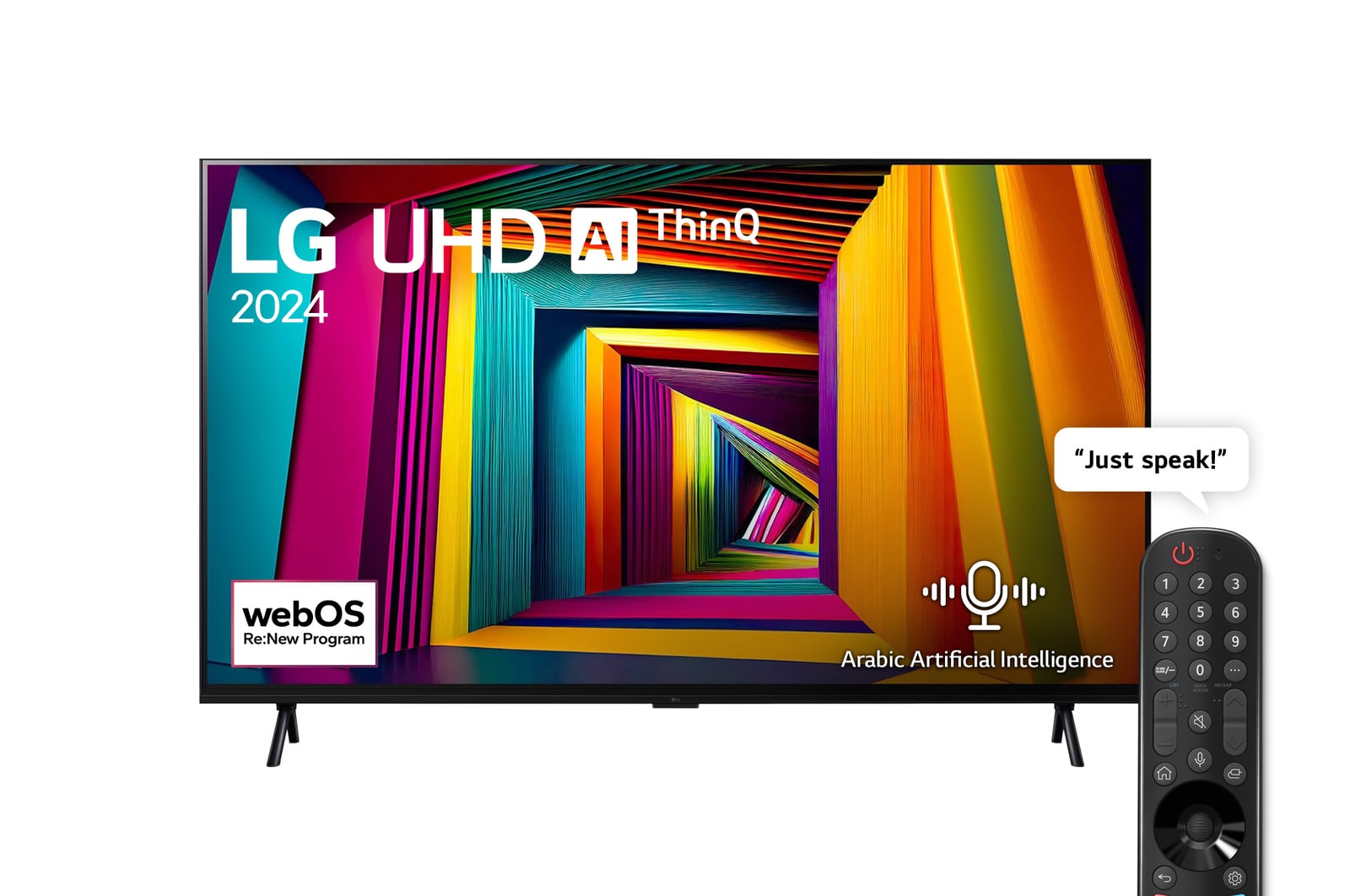 Front view of LG UHD TV, 98UT90 with text of LG UHD AI, 2024, and webOS Re:New Program logo on screen