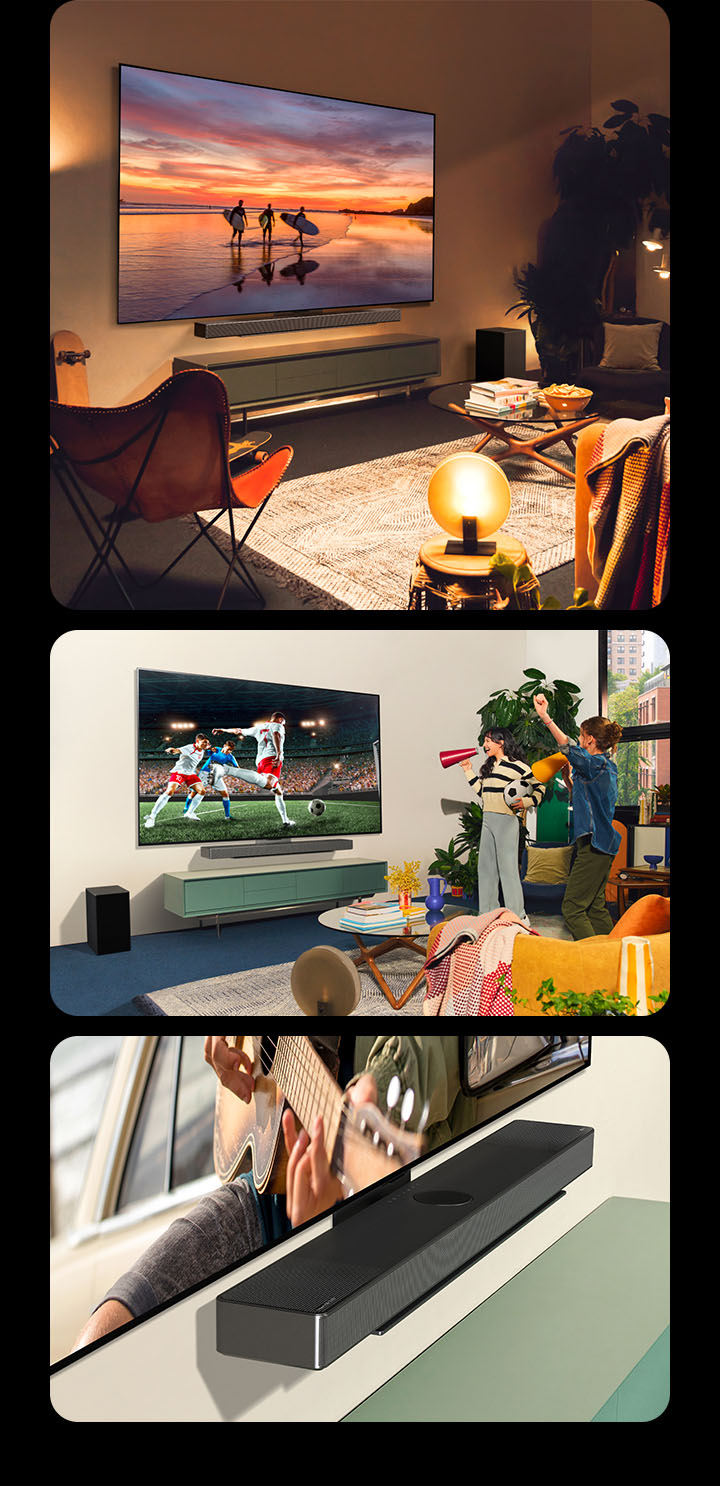 Последовательно показываются три изображения. Во-первых, вид в боковом ракурсе на телевизор LG OLED evo C4, на экране которого демонстрируется пейзажная фотография в гостиной, оформленной в непринужденном богемном стиле с теплым освещением. А затем две женщины наслаждаются и следят за футбольным матчем на экране телевизора LG OLED evo C4 в светлой гостиной с непринужденной атмосферой. Звуковая панель LG SC9 аккуратно крепится к телевизору. И наконец, вид в разрезе под углом на LG OLED evo C4, прикрепленный к звуковой панели LG Soundbar SC9 с помощью кронштейна Synergy Bracket. 