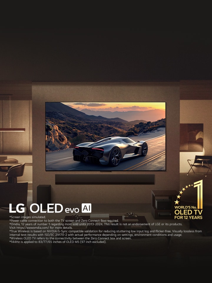 Classy living room with the LG OLED evo M5 TV mounted on the wall. LG Soundbar beneath it. Zero Connect Box tucked away under a side table. No wires are visible at all showcasing the True Wireless technology of the TV. World's number one OLED TV for 12 years emblem and LG OLED evo AI logo are visible.