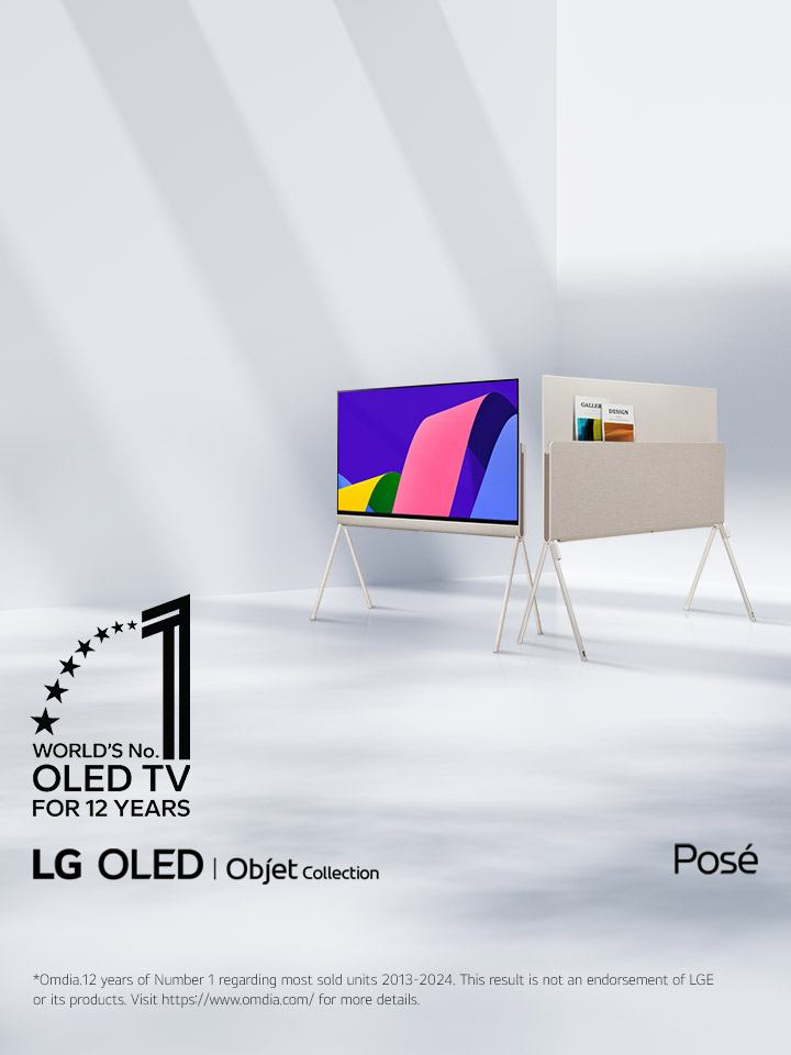Two LG OLED Posé TVs in an elegant, minimalist space. One TV showcases the front side of the product with an artwork on its screen. The other TV showcase its backside which has a well-design storage solution. A couple of magazines can be seen in the back. World’s No. 1 OLED TV for 12 years emblem is at a corner. LG OLED Objet Collection and Posé product logos are also visible.
